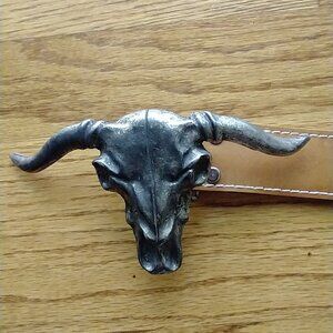 Western Style Longhorn Belt Buckle with Brown Leather Belt 35"